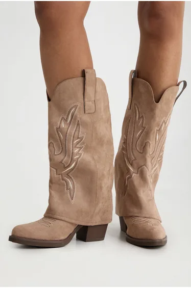 Faux Suede Fold Over Contrast Embroidery Western Boots - taupe