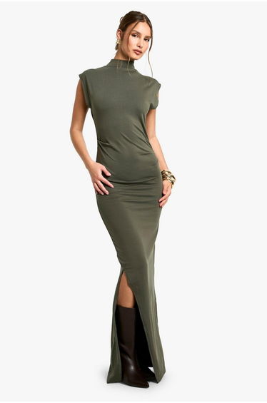 Ruched High Neck Midaxi Dress - dark olive