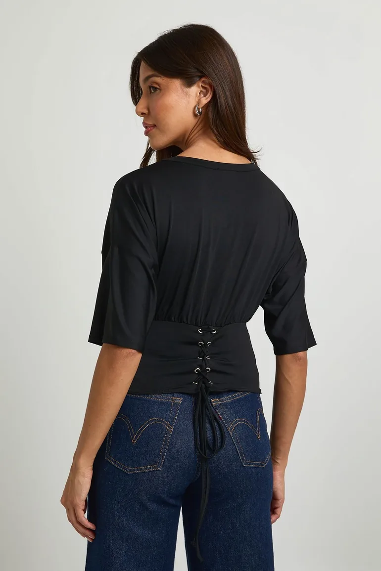 Lace Up Corset Oversized T-shirt - black - 2