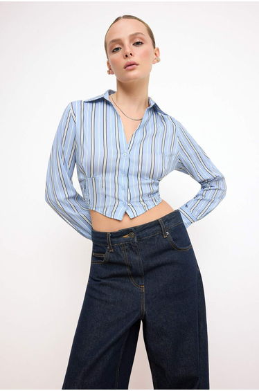 Blue-Multicolor Striped Fitted Gipe Detailed Crop Shirt