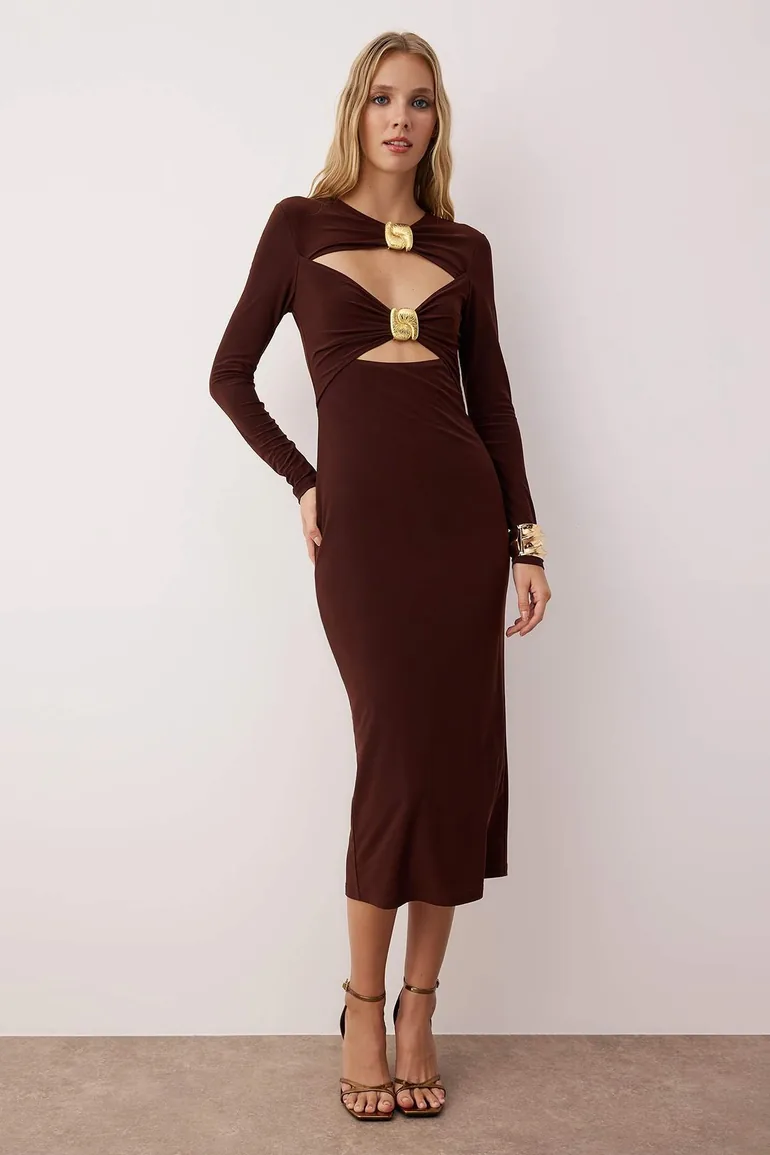 Brown Plain Accessory Detailed Knitted Sandy Midi Unlined Cocktail Dress  Trendyol Brown : Party Dresses : VogaCloset Oman