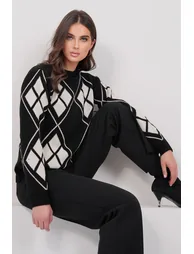 Women's Black Crew Neck Diamond Pattern Premium Knit Sweater - 3