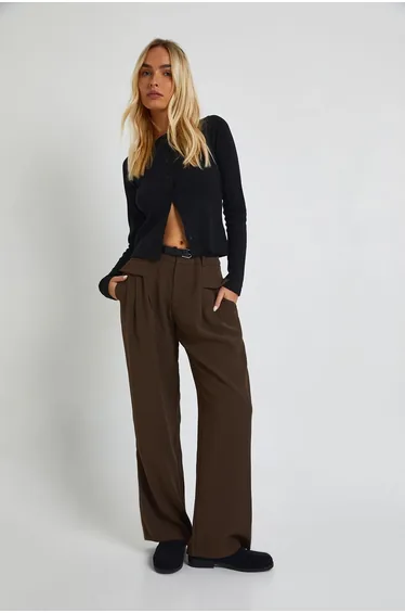 Fluid Belted Straight Leg Trousers - chocolate