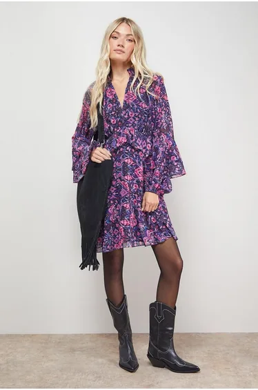 Printed Fluted Sleeve Ruffle Detail Mini Dress