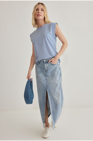 Navy Blue Striped 100% Cotton Striped Padded Look Basic Crew Neck Knitted T-Shirt