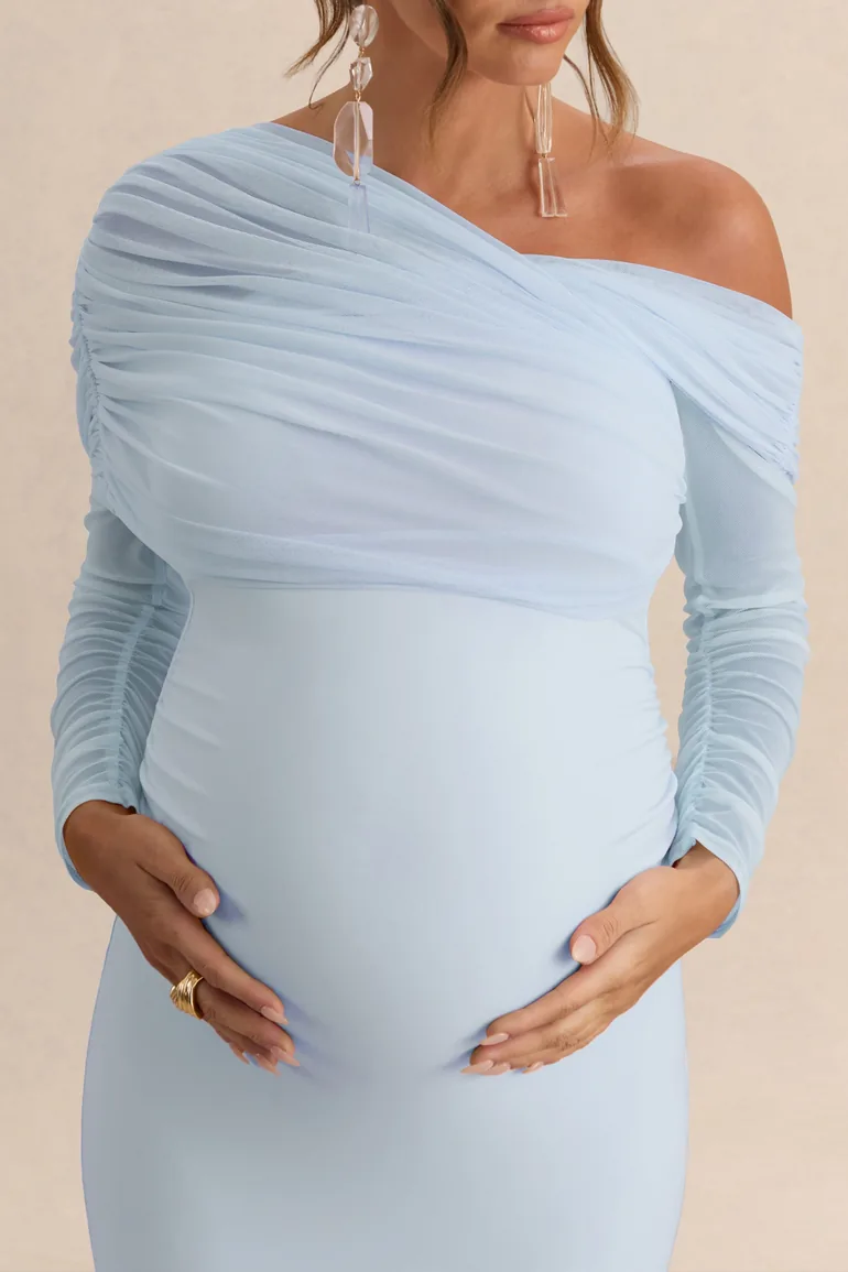 Ianthe | Light Blue Asymmetric-Neck Maternity Maxi Dress With Mesh Long Sleeves - 5
