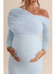 Ianthe | Light Blue Asymmetric-Neck Maternity Maxi Dress With Mesh Long Sleeves - 5
