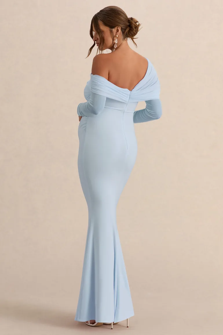 Ianthe | Light Blue Asymmetric-Neck Maternity Maxi Dress With Mesh Long Sleeves - 1