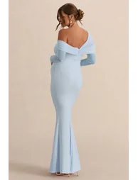Ianthe | Light Blue Asymmetric-Neck Maternity Maxi Dress With Mesh Long Sleeves - 1
