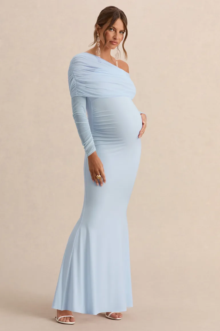 Ianthe | Light Blue Asymmetric-Neck Maternity Maxi Dress With Mesh Long Sleeves - 3