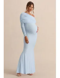 Ianthe | Light Blue Asymmetric-Neck Maternity Maxi Dress With Mesh Long Sleeves - 3