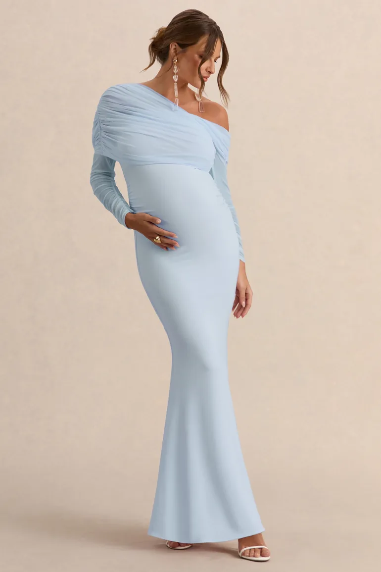 Ianthe | Light Blue Asymmetric-Neck Maternity Maxi Dress With Mesh Long Sleeves - 4