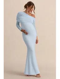 Ianthe | Light Blue Asymmetric-Neck Maternity Maxi Dress With Mesh Long Sleeves - 4