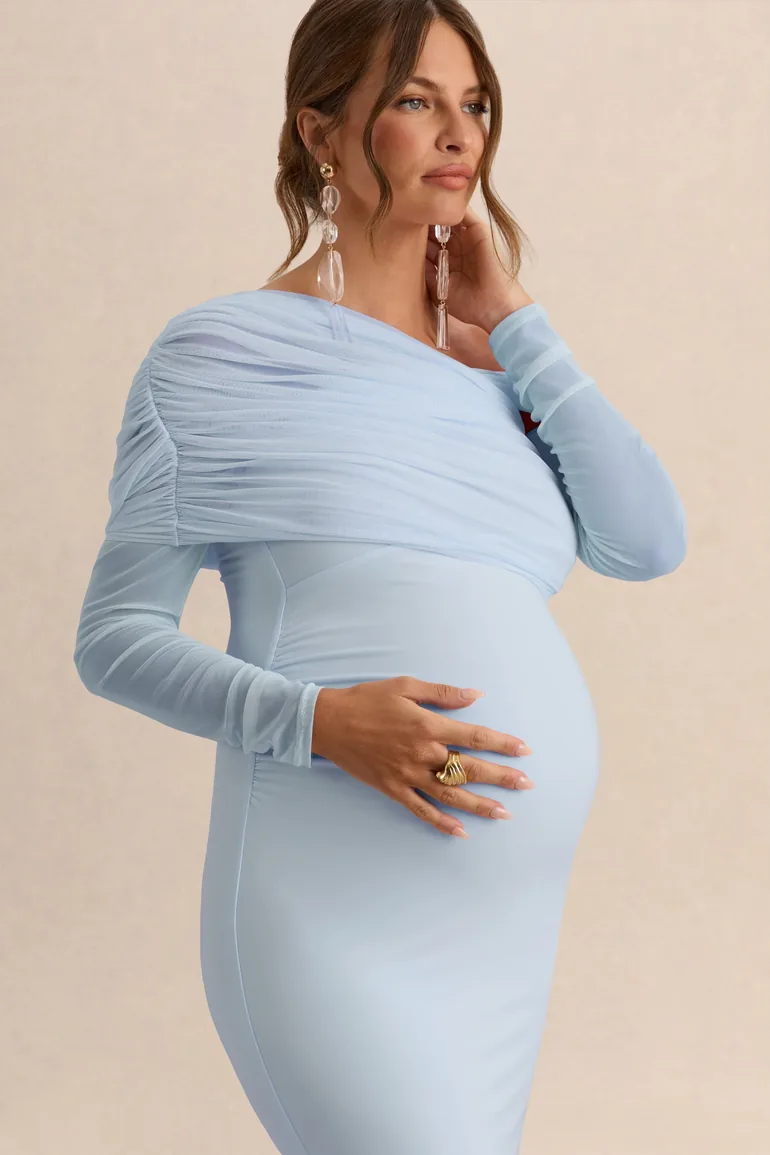 Ianthe | Light Blue Asymmetric-Neck Maternity Maxi Dress With Mesh Long Sleeves - 2