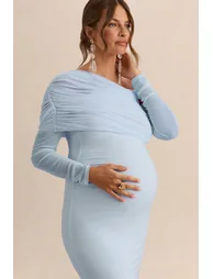 Ianthe | Light Blue Asymmetric-Neck Maternity Maxi Dress With Mesh Long Sleeves - 2