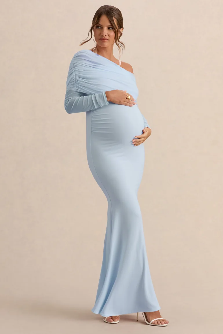 Ianthe | Light Blue Asymmetric-Neck Maternity Maxi Dress With Mesh Long Sleeves