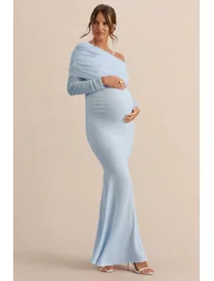 Ianthe | Light Blue Asymmetric-Neck Maternity Maxi Dress With Mesh Long Sleeves