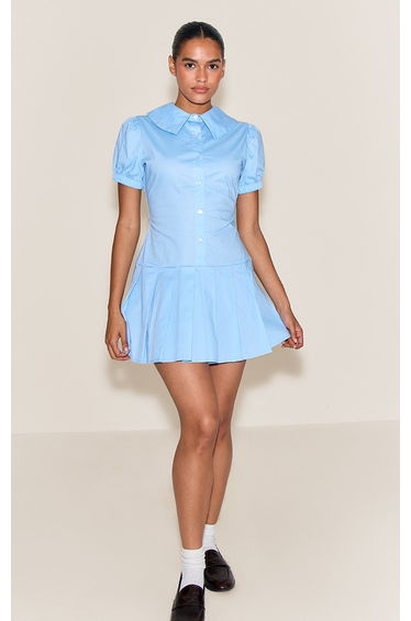 Blue Poplin Button Down Pleated Hem Shift Dress
