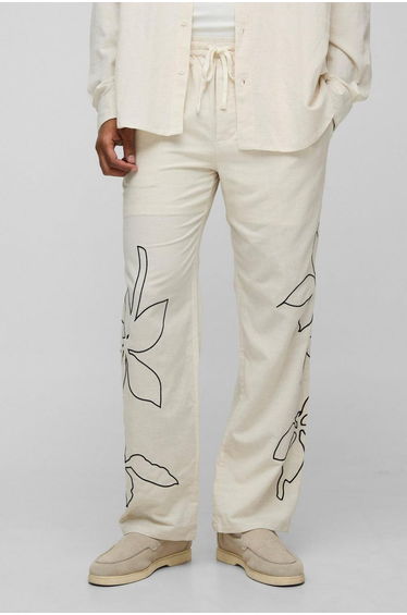 Elasticated Waist Relaxed Fit Embroidery Linen Blend Trousers