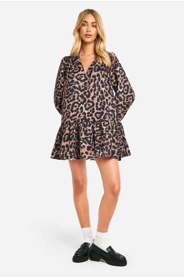 Leopard Drop Hem Smock Dress