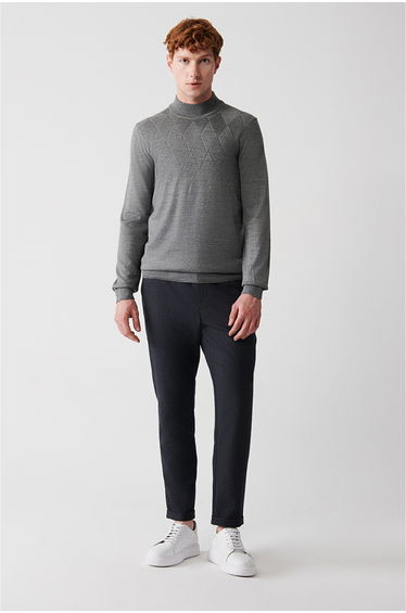 Men's Gray Half Turtleneck Woolen Front Patterned Knitwear Sweater