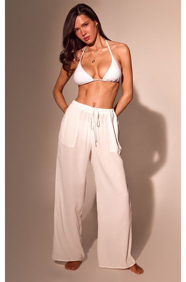 White Linen Look Drawstring Beach Trousers