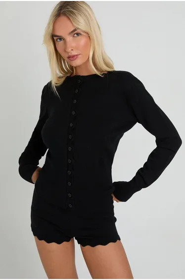 Super Soft Scallop Hem Knitted Cardigan and Booty Short - black