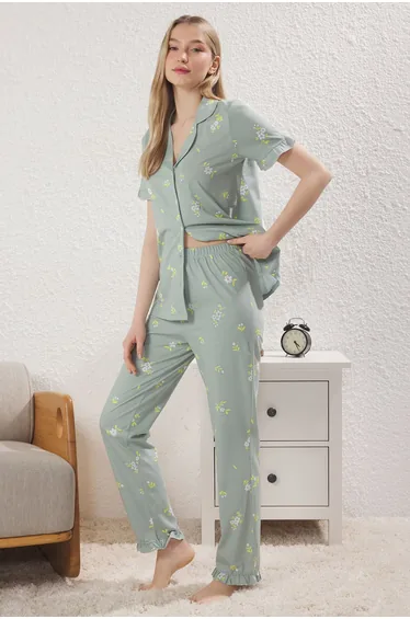Mint 100% Cotton Floral Ruffle Knitted Pajama Set