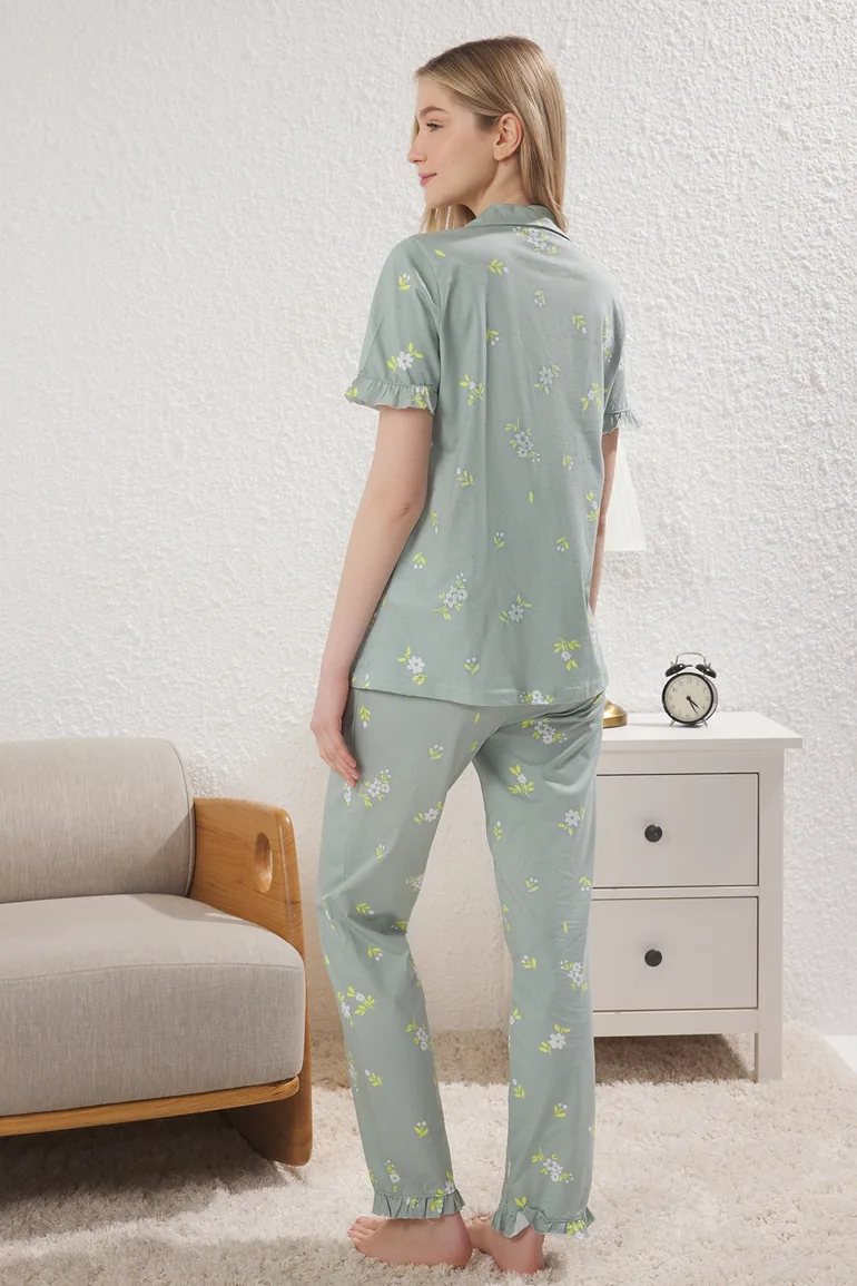 Mint 100% Cotton Floral Ruffle Knitted Pajama Set - 3