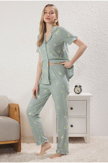 Mint 100% Cotton Floral Ruffle Knitted Pajama Set