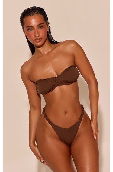 Chocolate Frill Edge Scrunched Bandeau Bikini Top