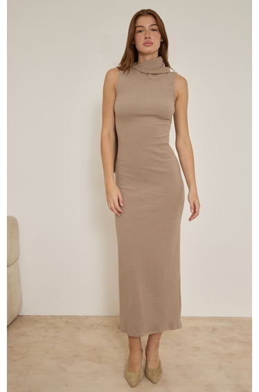 Taupe Wrap Neck Detail Maxi Dress