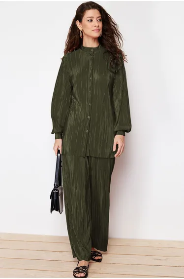 Khaki Pleated Knitted Bottom-Top Set