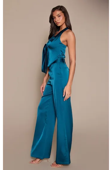 Teal Satin Tie Front Wide Leg Jumpsuit