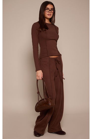 Dark Brown Seam Detail Cinched Waist Long Sleeve Top