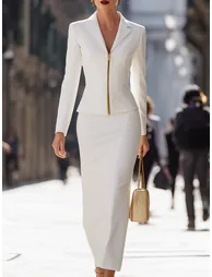 Long Sleeves Skinny Solid Color Zipper Notched Collar Blouses&Shirts Tops - 1