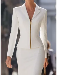 Long Sleeves Skinny Solid Color Zipper Notched Collar Blouses&Shirts Tops