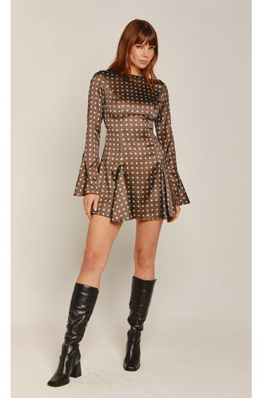 Blue & Brown Satin Godet Mini Dress