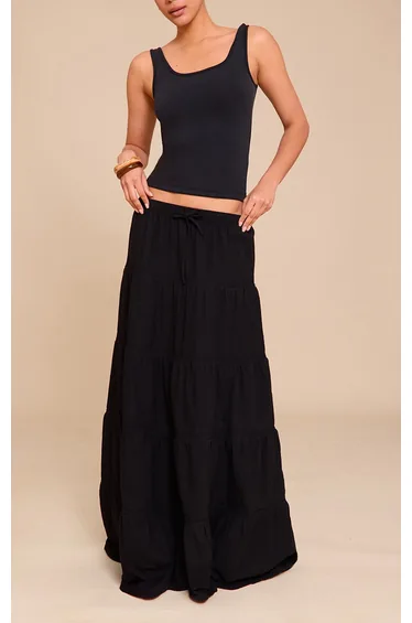 Black Cotton Tiered Drawstring Waist Maxi Skirt