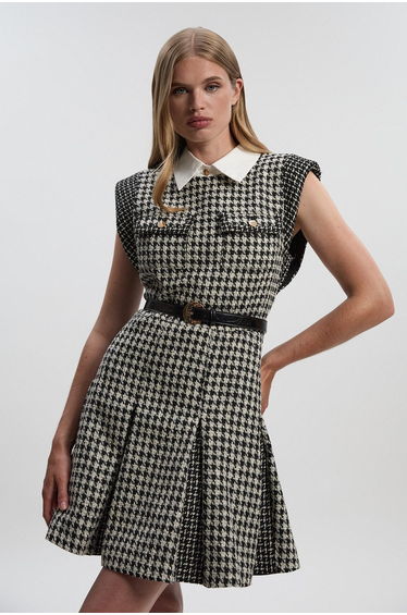 Tall Textured Tweed Contrast Collar Pleated Tailored Mini Dress