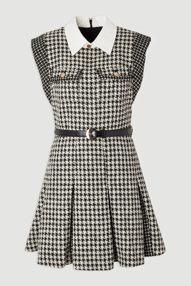 Tall Textured Tweed Contrast Collar Pleated Tailored Mini Dress - 3