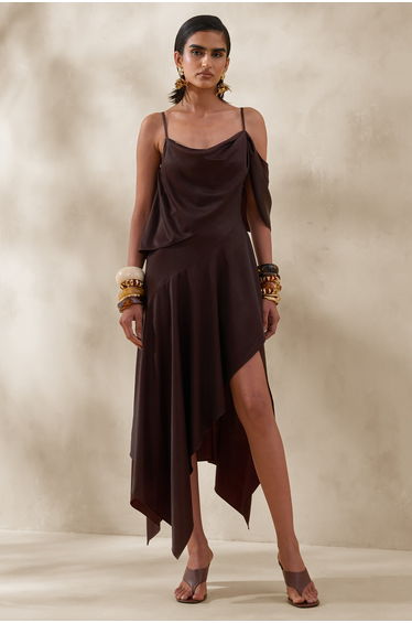 Helira | Brown Asymmetric Dress With Draping Detailing and Open-Back