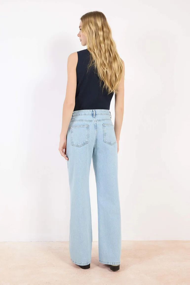 Light Blue High Waist 100% Cotton Wide Leg Wide Leg Jeans - 5