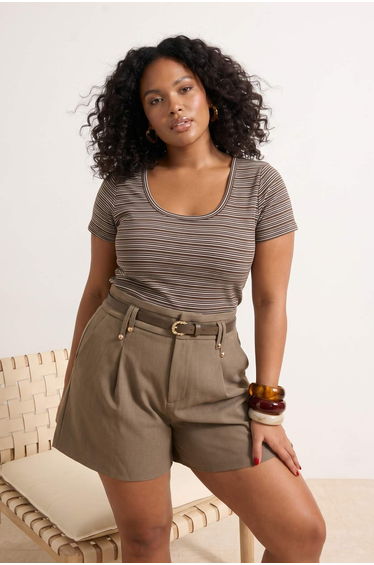Brown Striped Pool Collar Camisole Knitted Plus Size Blouse