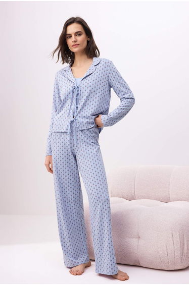 Light Blue Cotton Printed Tied Lycra Combed Single Jersey Knitted Pajama Set
