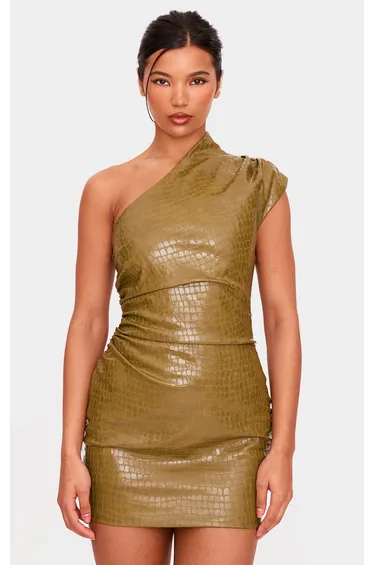PLT Label Olive Croc Faux Leather Asymmetric Bodycon Dress