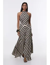 Tall Mono Fluid Stripe Cotton Mix Woven Midi Halter Dress