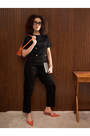 Black Round Neck Button Down Darted Top