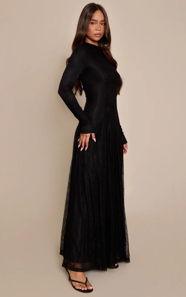 Black Lace Boat Neck Long Sleeve Godet Maxi Dress - 2