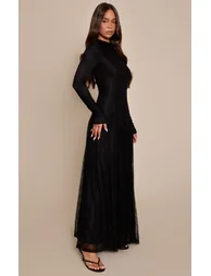 Black Lace Boat Neck Long Sleeve Godet Maxi Dress - 2
